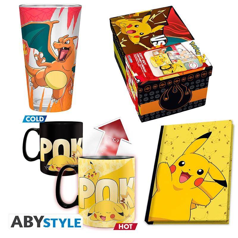 Pokémon - Geschenkset Pikachu & Glurak - Glas, Wärmewechsel Tasse & Notizbuch