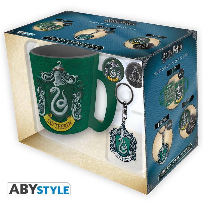 Harry Potter Packung Tasse + Schlüsselanhänger + Button Slytherin