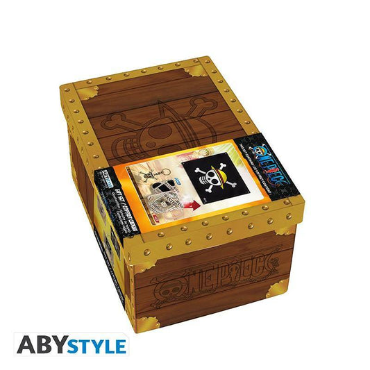 One Piece - Geschenkset Schatzkiste - Metall Schlüsselanhänger, Flagge & Wärmewechsel Tasse
