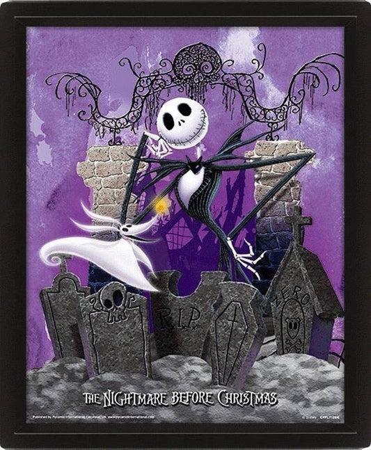 Nightmare Before Christmas - 3D-Effekt-Poster im Rahmen Friedhof - 26 x 20 cm