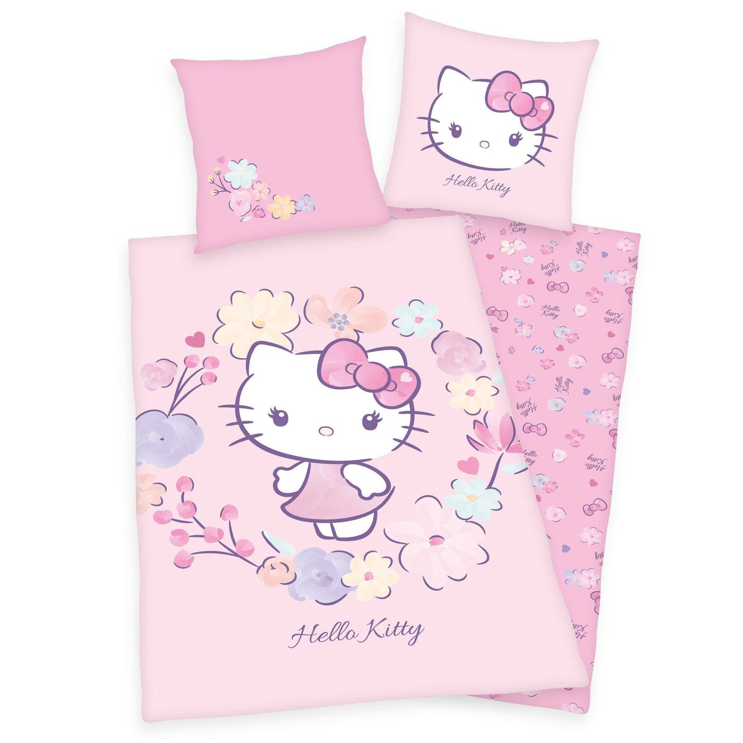 Hello Kitty - Bettwäsche Set Blumen - 135 x 200 cm / 80 x 80 cm